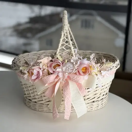 Пасхальная корзина 38х28см hand-made MIS LT бежевая с пудрово-розовым декором большая - фото 2