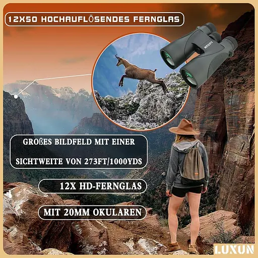 Бинокль LUXUN 12x50 HD для взрослых с чехлом для адаптера для смартфона, 20-миллиметровым охотничьим биноклем с покрытием FMC - фото 6