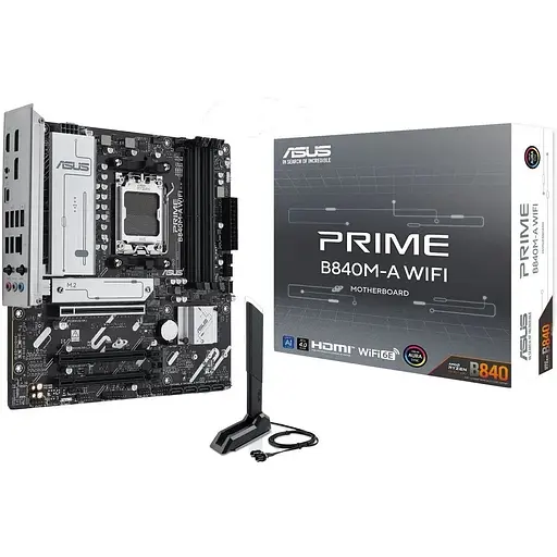 Материнская плата Asus AM5 Prime B840M-A WIFI, B840, 4xDDR5, Int.Video (CPU), 4xSATA3, 3xM.2, 1xPCI-E 4.0x16, 2xPCI-E 3.0x16, Realtek 7.1 5.3, 5xUSB 3.2/6xUSB 2.0, HDMI/2xDP, MicroATX - фото 2