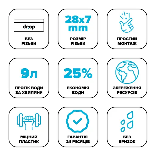 Водозберігаючий аератор Drop SP9090E для змішувача - Економія 25%, 9 л/хв, без різьби 28x7 мм - фото 5