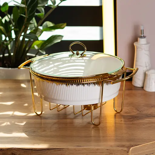 Мармит круглый 3 литра настольный с 2 подогревами для блюд керамический на металлической подставке с крышкой Белый с золотым - фото 7