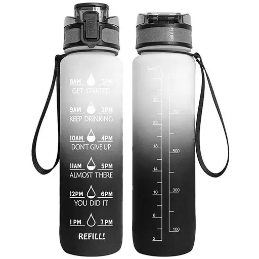 Мотивационная бутылка для воды со временем без BPA Tritan фитнес спорт прогулка black white 1 л