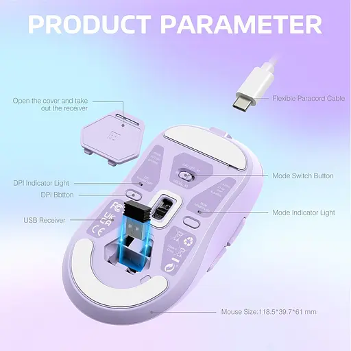 Мышка игровая беспроводная Attack Shark X3 PixArt PAW3395 26000DPI Lilac - фото 8