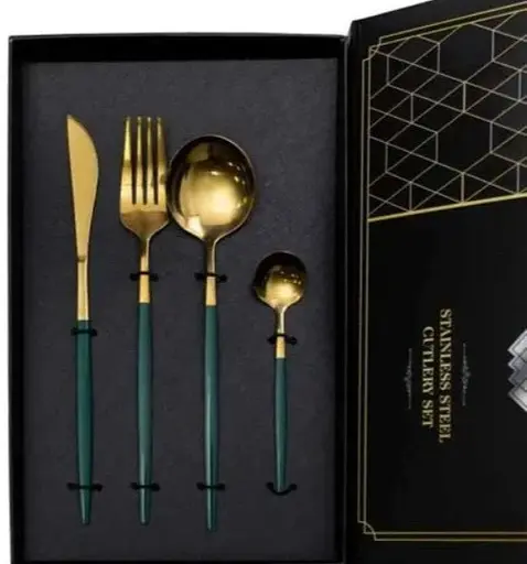 Набор столовых приборов Yiwu HP-20-44 нержавеющая сталь 24 предмета на 6 персон Золотистый с зеленым - фото 3