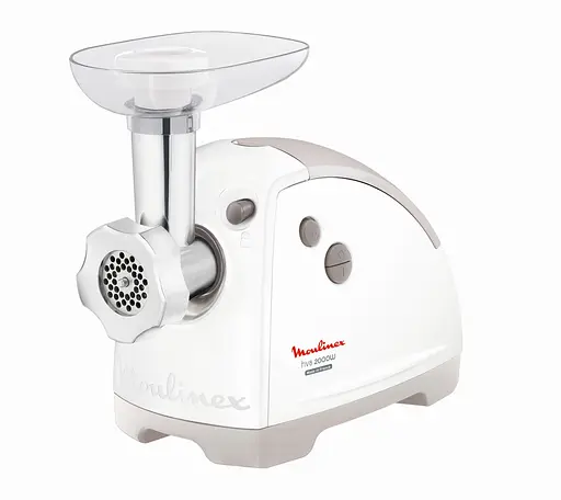 Moulinex М'ясорубка, 2000Вт, 2.6кг/хв, 3 решітки, насадка для ковбас, кеббе, 5 терок, пластик, біло-сірий - фото 1