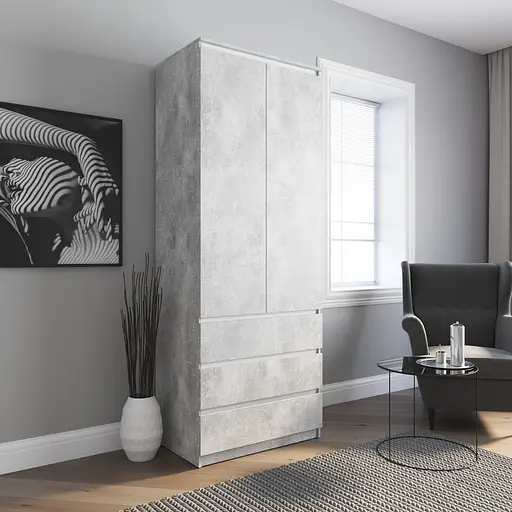 Шафа для одягу Vays R-9 Бетон-Білі планки, 3 шухляди, штанга, без ручок, ЛДСП, 80×50×211 см – для спальні, вітальні, передпокою