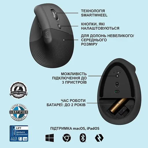 Беспроводная мышь Logitech Lift Vertical Ergonomic Mous Wireless/Bluetooth Graphite (910-006473) - фото 6