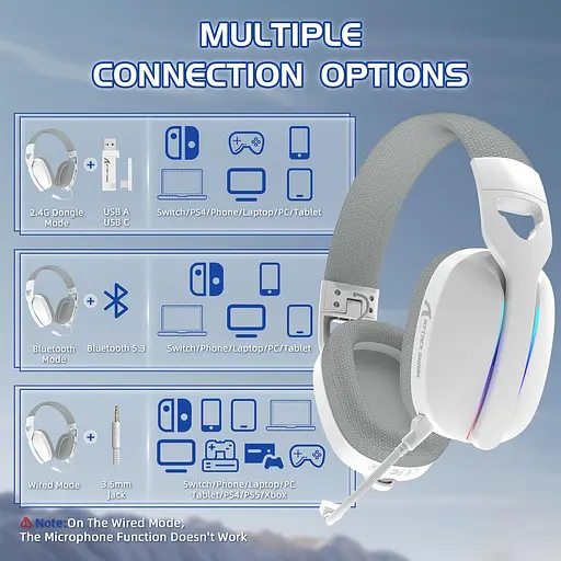 ATTACK SHARK L90 Легкая беспроводная игровая гарнитура BT/2.4G/ 40 мм динамики, Белые - фото 7