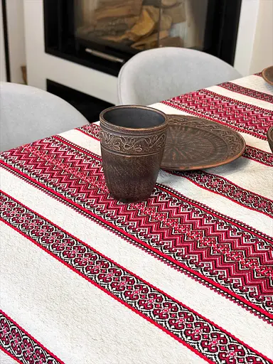 Лляна скатертина великодня з українським орнаментом Рандеву червоний 180х150 см - фото 3