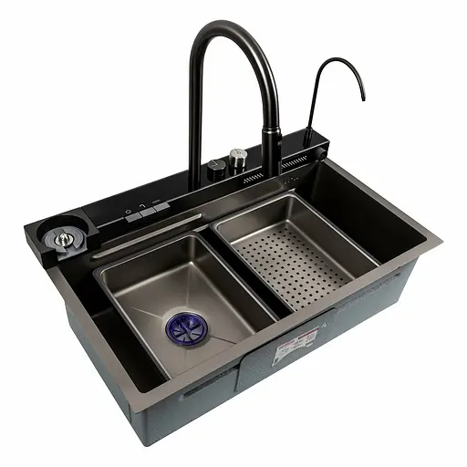 Кухонна мийка 75x46D PVD сіра Platinum Handmade Водоспад, Нержавіюча сталь - фото 7