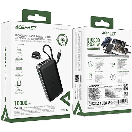 УМБ Acefast 10000mAh 30W PD USB-C witch cable, USB-A, Li-Pol, M7 Black - фото 4