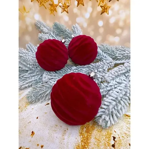 Набір ялинкових куль Хвиля Оксамит 80 мм 6 шт Бордовий - фото 1