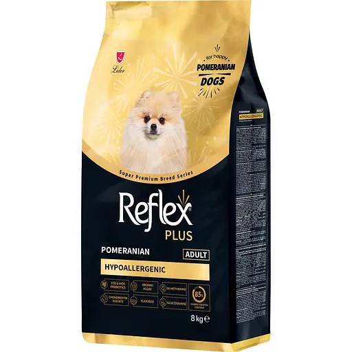 Повноцінний та збалансований сухий корм Reflex Plus Pomeranian Adult для собак породи померанський шпіц 8 кг 