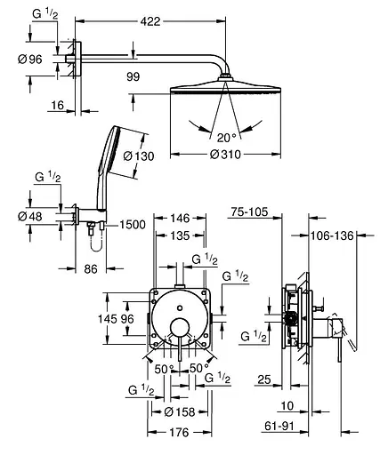 Душова система прихованого монтажу Grohe Essence з Rainshower Mono 310 25287000, Хром - фото 4