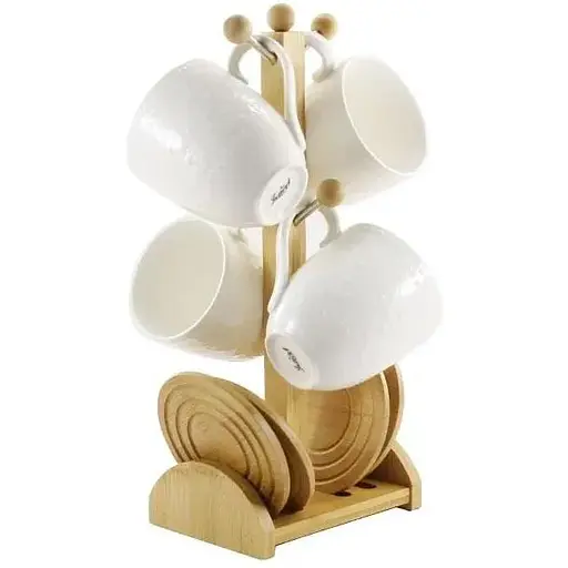 Набір чайний Interos з 4 предметів порцелянових чашок на дерев'яній стійці 300 мл білий PJ03393