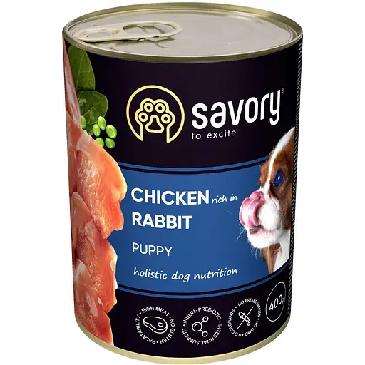 Корм влажный для щенков всех пород Savory Dog All breeds Puppy Chicken rich in Rabbit паштет с кроликом набор 5+1, 400 г - фото 3