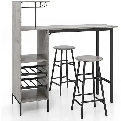Барный стол со стульями Costway Bistro с держателем винных бокалов серый