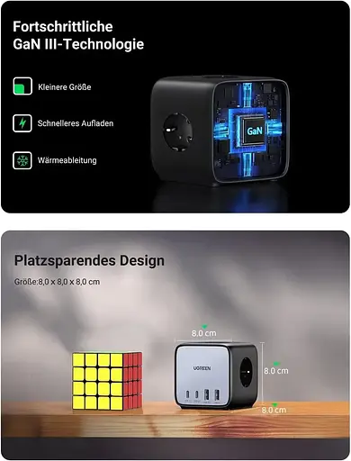 Мережевий зарядний пристрій Ugreen CD268 3-контактна розетка DigiNest Cube 65W 2*USB+2*USB-C Power Strip GaN (60113) - фото 3