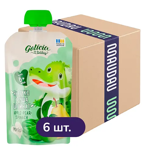 Упаковка натурального яблочно-грушево-шпинатного пюре Galicia Baby 540 г (90 г x 6 шт.)