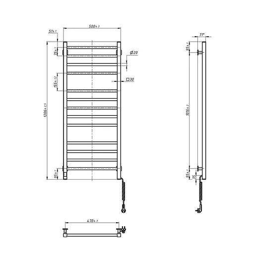 Электрический полотенцесушитель Navin Классик Квадро 500x1200 Sensor с Wi-Fi, правый, черный муар 12-112033-4880, Черный матовый, Правое, Электронный - фото 10