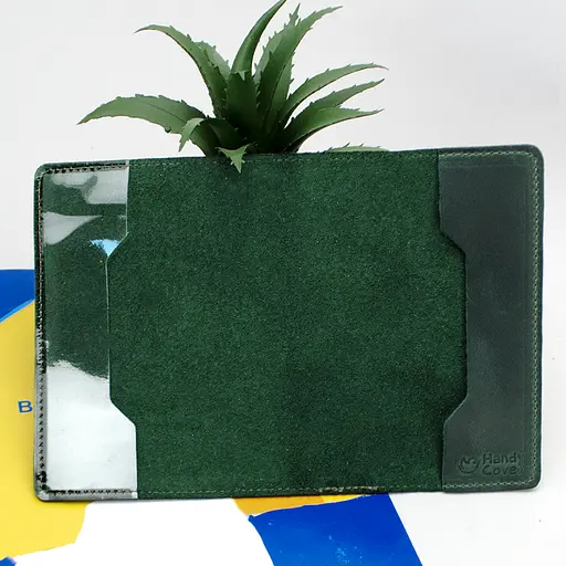 Обложка на военный билет кожаная (зеленая) с прозрачным клапаном - фото 4