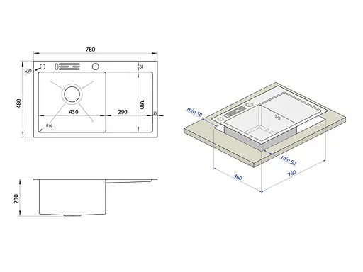 Кухонна мийка чорна з правим крилом нержавіюча сталь 1.5 мм Nett NB-7848(R), Чорний - фото 11