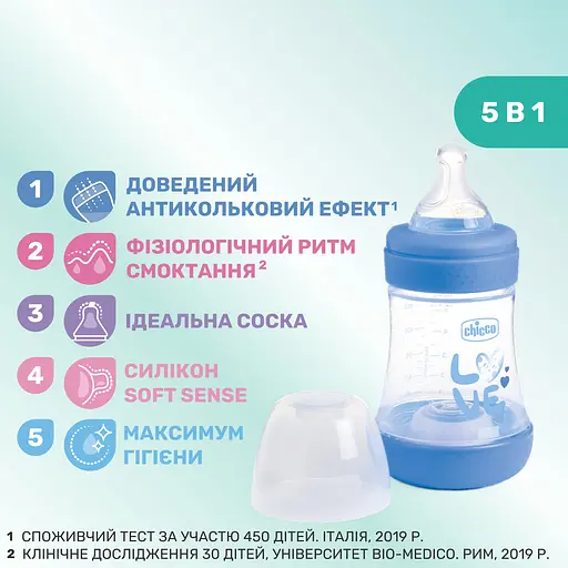 Бутылка для кормления Chicco Perfect 5 пластиковая с силиконовой соской 0+ месяцев голубой 150 мл (20211.22.40) - фото 3