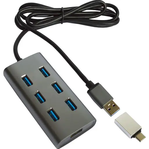 USB-Хаб Maiwo USB 3.0 Type-A / Type-C to 7х USB3.0-порта, кабель 100 см, метал, без БП, серебристий (KH700) - фото 1