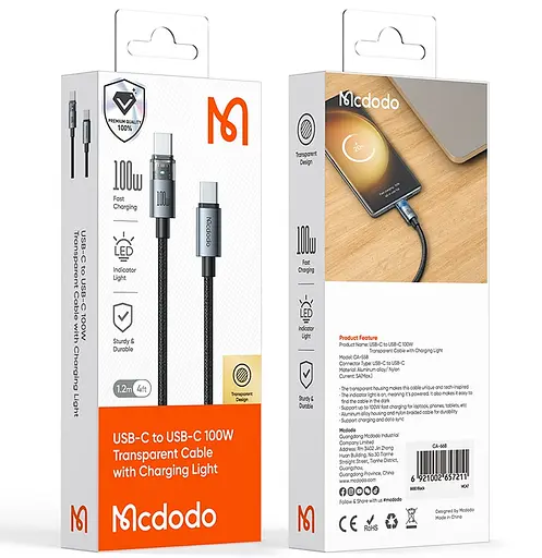 Кабель Mcdodo 100W USB-C to USB-C Transparent Cable with Charging Light 1.2 м CA-5580 Чорний - фото 2