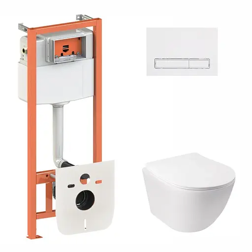 Набор Qtap инсталляция 3 в 1 Nest QT0133M425 с панелью смыва линейной QT0111M08V1384W + унитаз с сиденьем Jay QT07335176W, Белый - фото 1