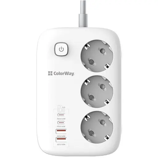  Мережевий фільтр-подовжувач ColorWay CHE34-PD GaN3 Pro PD 65W (2xUSB-A + 2xTYPE-C) 3 розетки 4 USB 2 м White