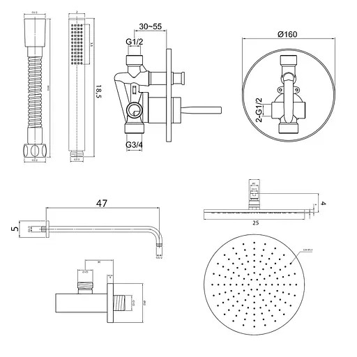 Душова система Kohlman Maxima 25 chrome + BOX прихованого монтажу QW210MR25, Хром - фото 2