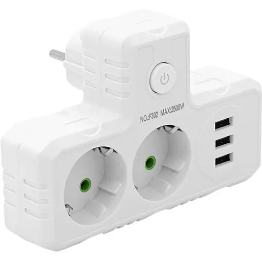 Розетка-двійник із заземленням Voltronic F-302 White 2 розетки+3USB (1А) 2500W 10A 220V