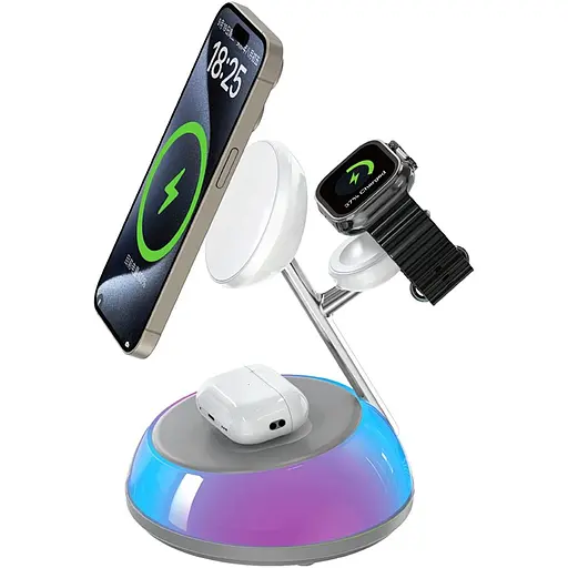 Бездротовий зарядний пристрій Wiwu 3in1 Aurora Qi2 with MagSafe White (Wi-W036) [136236] - фото 6