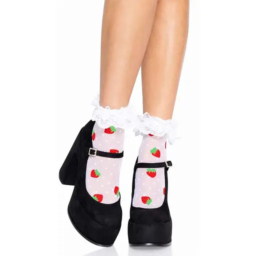 Носки женские с клубничным принтом Leg Avenue Strawberry ruffle top anklets One size кружевные манж