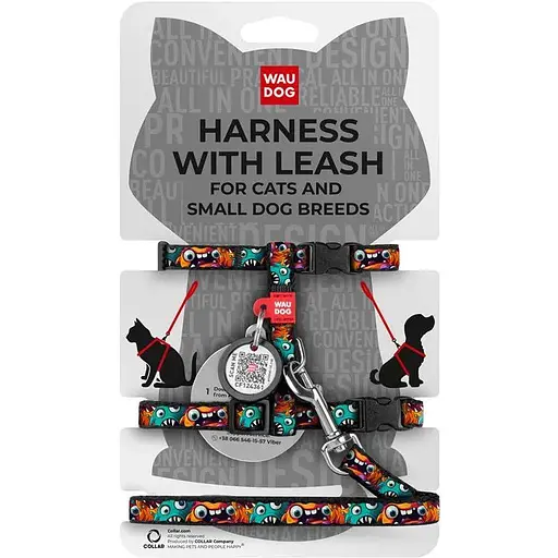 Шлея з повідцем для котів та дрібних порід собак Waudog Nylon з QR паспортом Зубасті монстри XS - фото 1