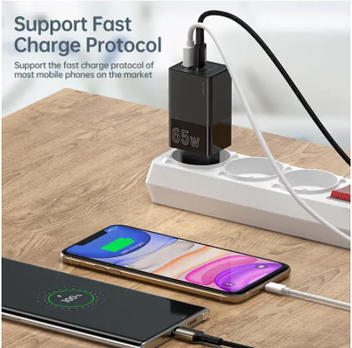 Мережевий адаптер живлення - ЗП Kuulaa 65W GaN KL-CD20 2 виходи USB + Type-C чорний - фото 4