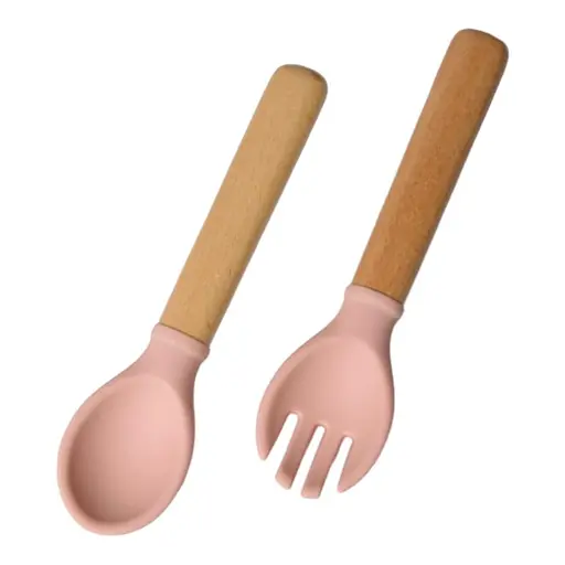 Прилади силіконові дитячі OldBro ложка та вилка з дерев'яною ручкою, Pink - фото 1
