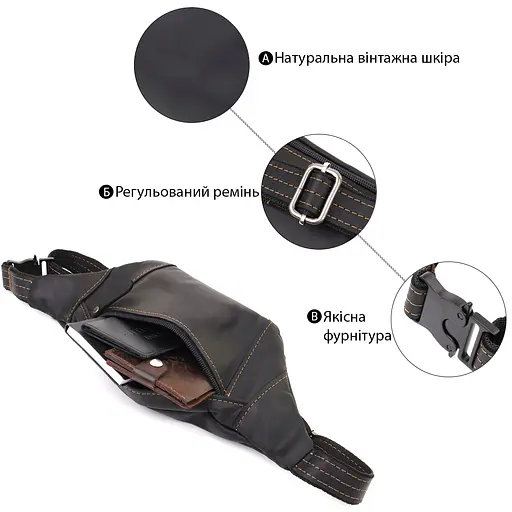 Стильна сумка-бананка для чоловіків із натуральної вінтажної шкіри SHVIGEL 34х12х4 см sum0027508 - фото 4