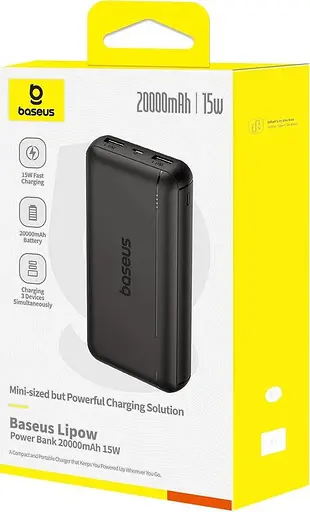 Зовнішній акумулятор Baseus Lipow power Bank 20 000mAh 15W P10079100113-00 чорний - фото 3