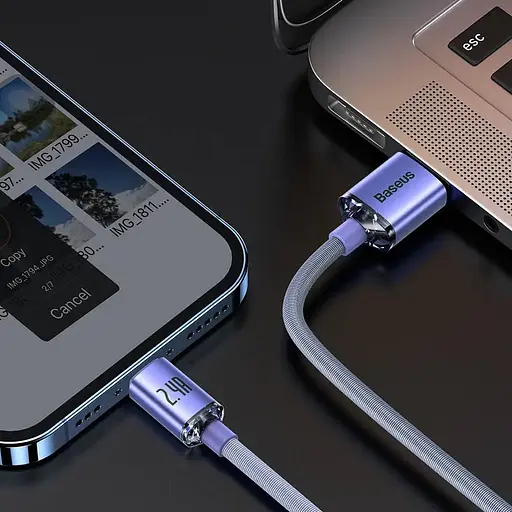 Кабель Baseus Crystal Shine Series Fast Charging Data Cable USB to iP 2.4A 1.2m Purple - фото 8