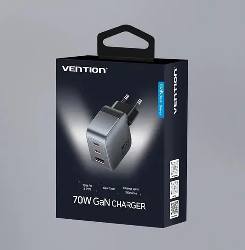Зарядний пристрій Vention 70W GaN FEX 1U+2C чорний євровилка - фото 4