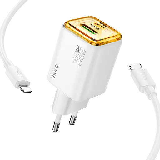 МЗП Hoco N53 Monsoon PD30W+QC3.0 (1USB-A/1C) + кабель Type-C to Lightning White - фото 2