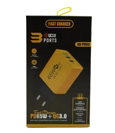 Сетевое зарядное устройство 65W 2xType-C + USB быстрый адаптер 9177 PD GaN для ноутбуков и смартфонов желтый - фото 2