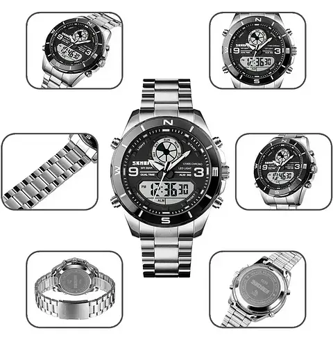 Часы мужские на стальном браслете Skmei 1839 (Серебристые с черным циферблатом) - фото 10