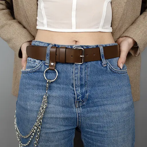 Ремень коричневый с цепочкой кожаный HC-4063 (120 см) - фото 5