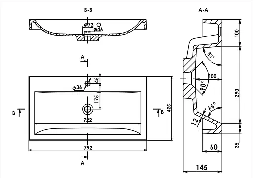 Раковина глянцева врізна Amidicon Lagune Slim 80 792x425 з литого каменю LAGUNE SLIM_80_HL, Білий - фото 6