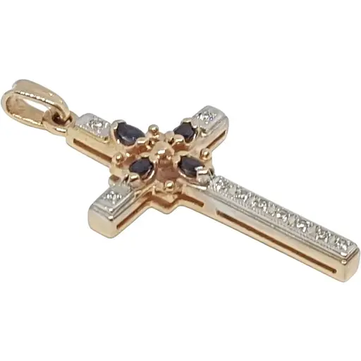 Золотий хрестик Qvaliz з діамантами і сапфірами. Артикул 3646730