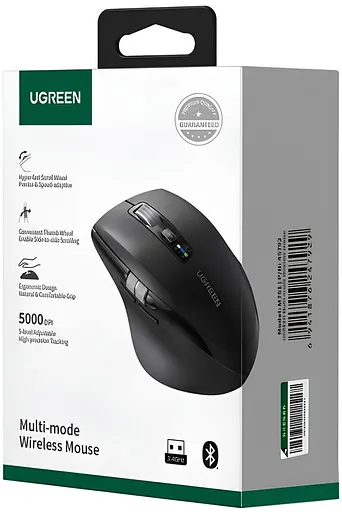 Мишка UGREEN 2.4GHz&BT M751 Ergonomic Contoured-Shape, бездротова, 5000dpi., 5кн., Чорна - фото 3