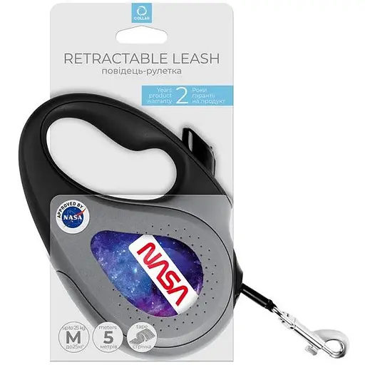 Повідець-рулетка для собак Waudog R-leash, малюнок "NASA21", M, до 25 кг, 5 м, світловідбиваюча стрічка чорний - фото 5